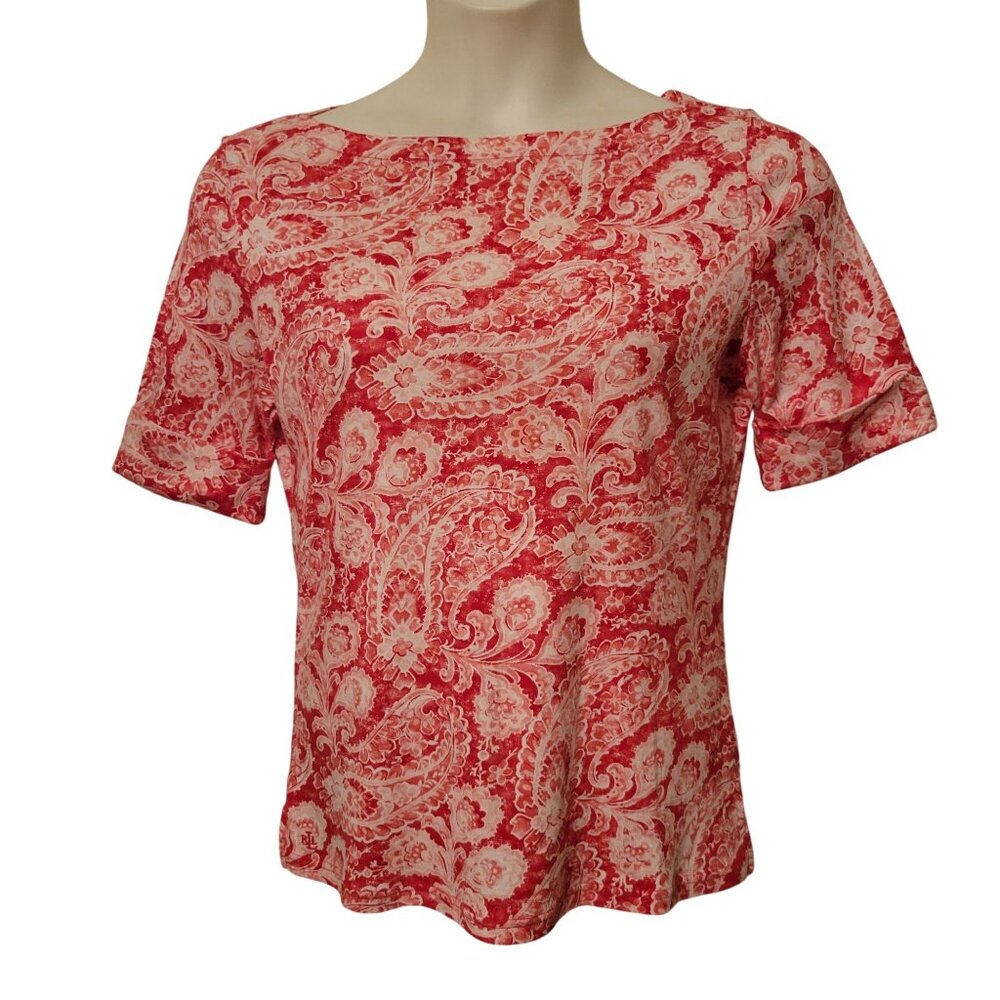 Ralph Lauren Red White Paisley Stretch Top L Cotton Boat Neck